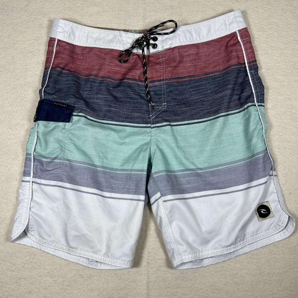 Rip Curl Board Shorts Mens 34 Blue Red Stripe Drawstring Surf Swim Trunks Pocket